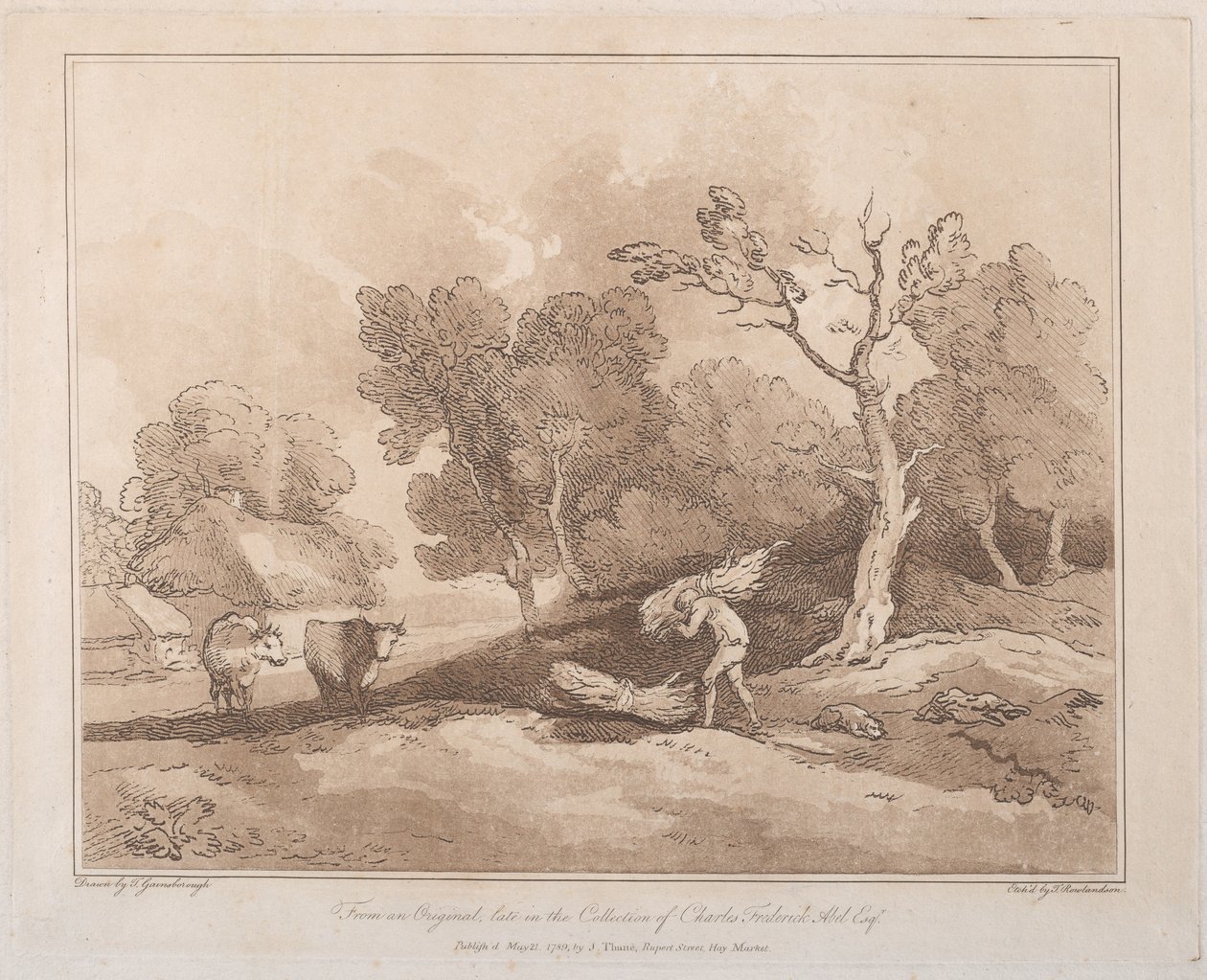 Maisema, jossa hahmo kantaa oksanippua, kopio takana, kaksi lehmää..., 21. toukokuuta 1789. tekijältä Thomas Rowlandson
