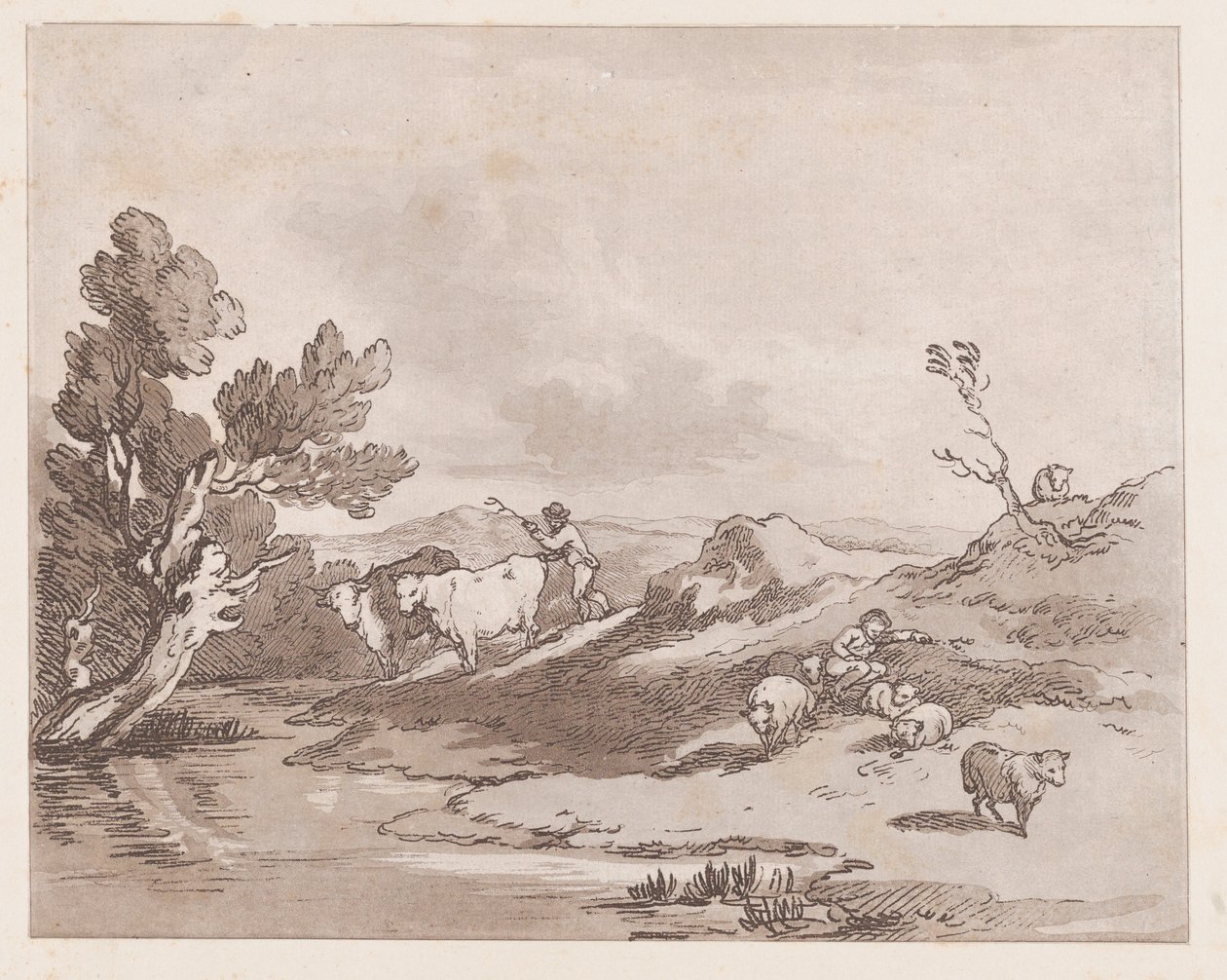 Maisema, jossa hahmo paimentaa karjaa veteen, 21. toukokuuta 1789, 21. toukokuuta 1789. tekijältä Thomas Rowlandson