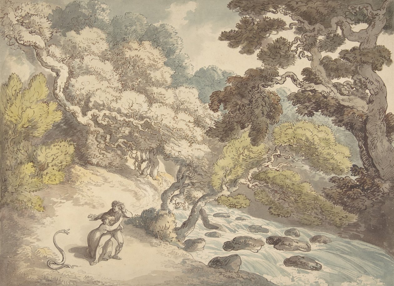 Maisema, jossa ryntää puro ja pariskunta rannalla, käärmeen peloissaan, 1775-1827. tekijältä Thomas Rowlandson