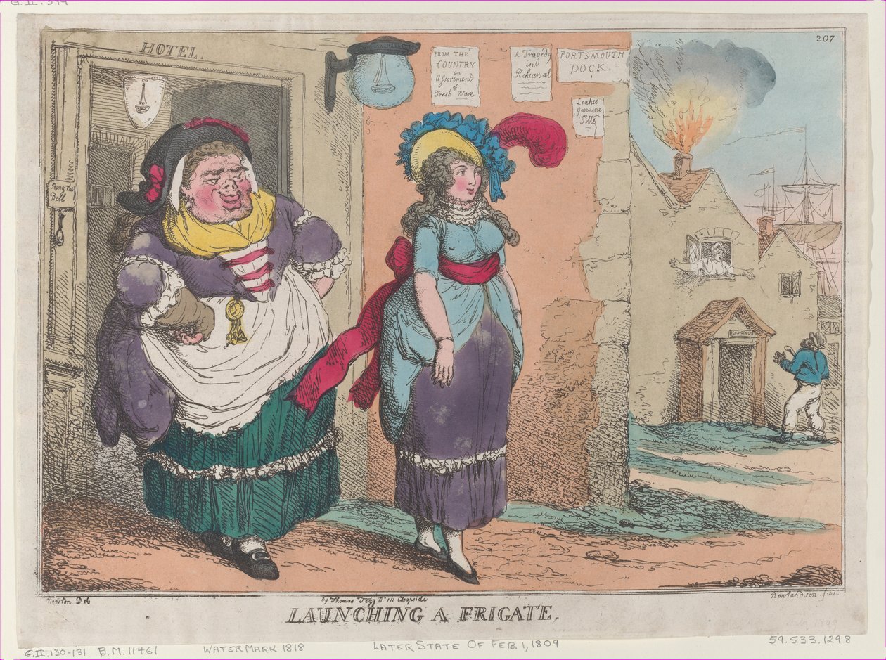 Fregatin laukaisu, [1. helmikuuta 1809], uusintapainos, [1. helmikuuta 1809], uusintapainos. tekijältä Thomas Rowlandson