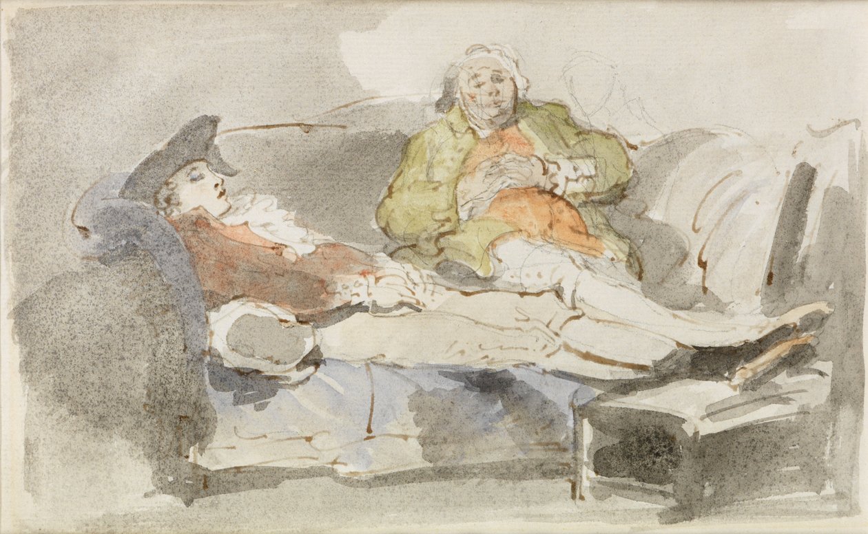Laiskottelua sohvalla (akvarelli kynän ja musteen päällä) tekijältä Thomas Rowlandson