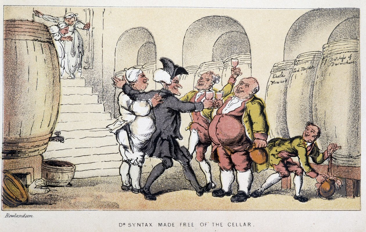 Le docteur dans un cellar ou un cave - "" Doctor Syntaxin kolmella kiertueella: viehättävää lohtua ja vaimoa etsimässä" William Combe, ill. Rowlandson tekijältä Thomas Rowlandson