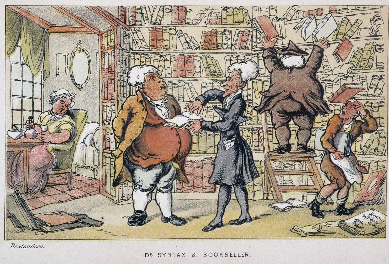 Le docteur et un marchand de livre - "" Doctor Syntaxin kolmella kiertueella: viehättävää lohtua ja vaimoa etsimässä" William Combe, ill. Rowlandson tekijältä Thomas Rowlandson