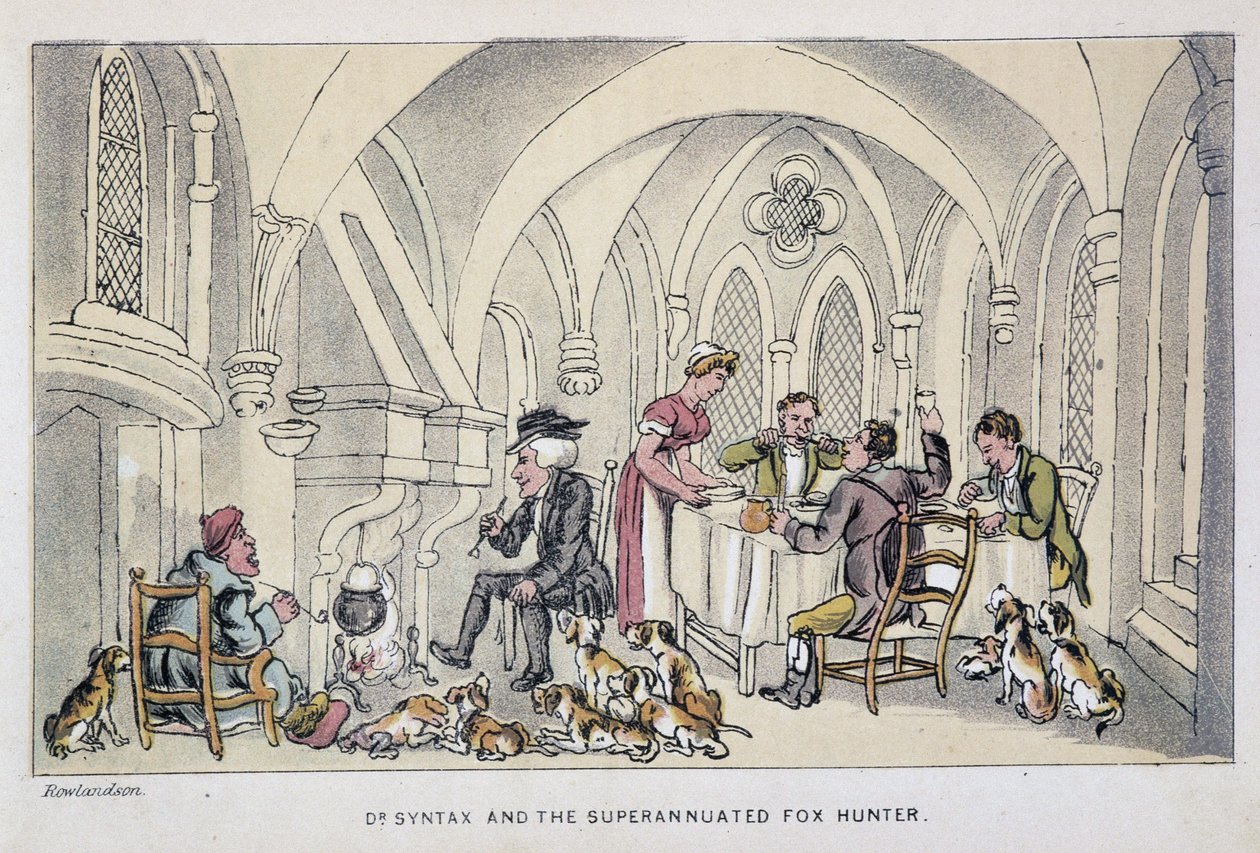 Le docteur à un repas des chasseurs - "" Doctor Syntaxin kolmella kiertueella: viehättävää lohtua ja vaimoa etsimässä" William Combe, ill. Rowlandson tekijältä Thomas Rowlandson