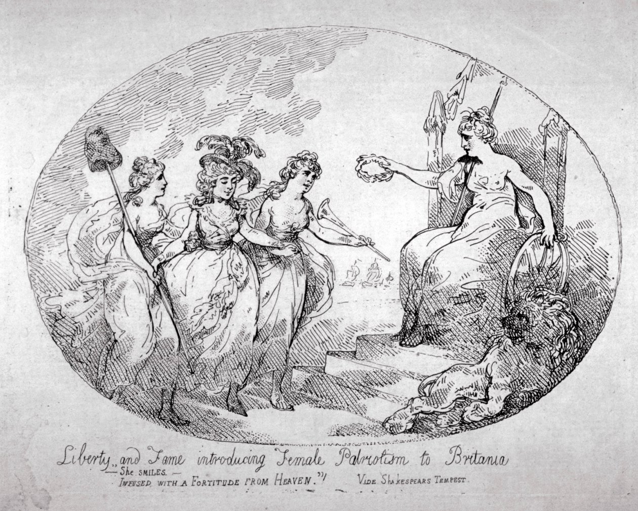 "Vapaus ja maine esittelee naisten isänmaallisuuden Britaniaan", 1784 tekijältä Thomas Rowlandson
