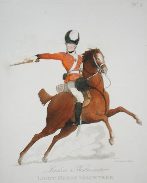 London and Westminster Light Horse Volunteer, levy 1 julkaisusta "Loyal Volunteers of London and Environs", julkaistu 1798 (väri litho) tekijältä Thomas Rowlandson