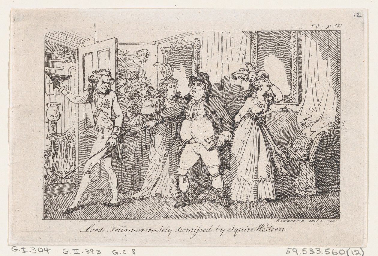 Lord Tellamar Rudely hylkäsi Squire Westernin teoksesta The History of Tom Jones, a Foundl..., 1792. tekijältä Thomas Rowlandson