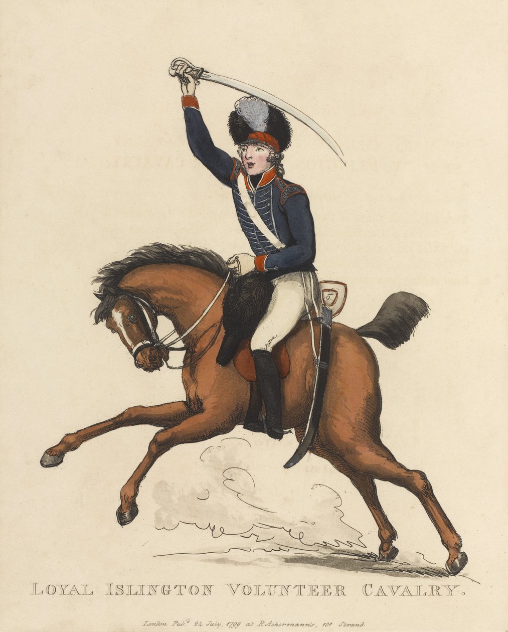 Loyal Islington Volunteer Cavalry, noin 1799 (värillinen akvatintta). tekijältä Thomas Rowlandson