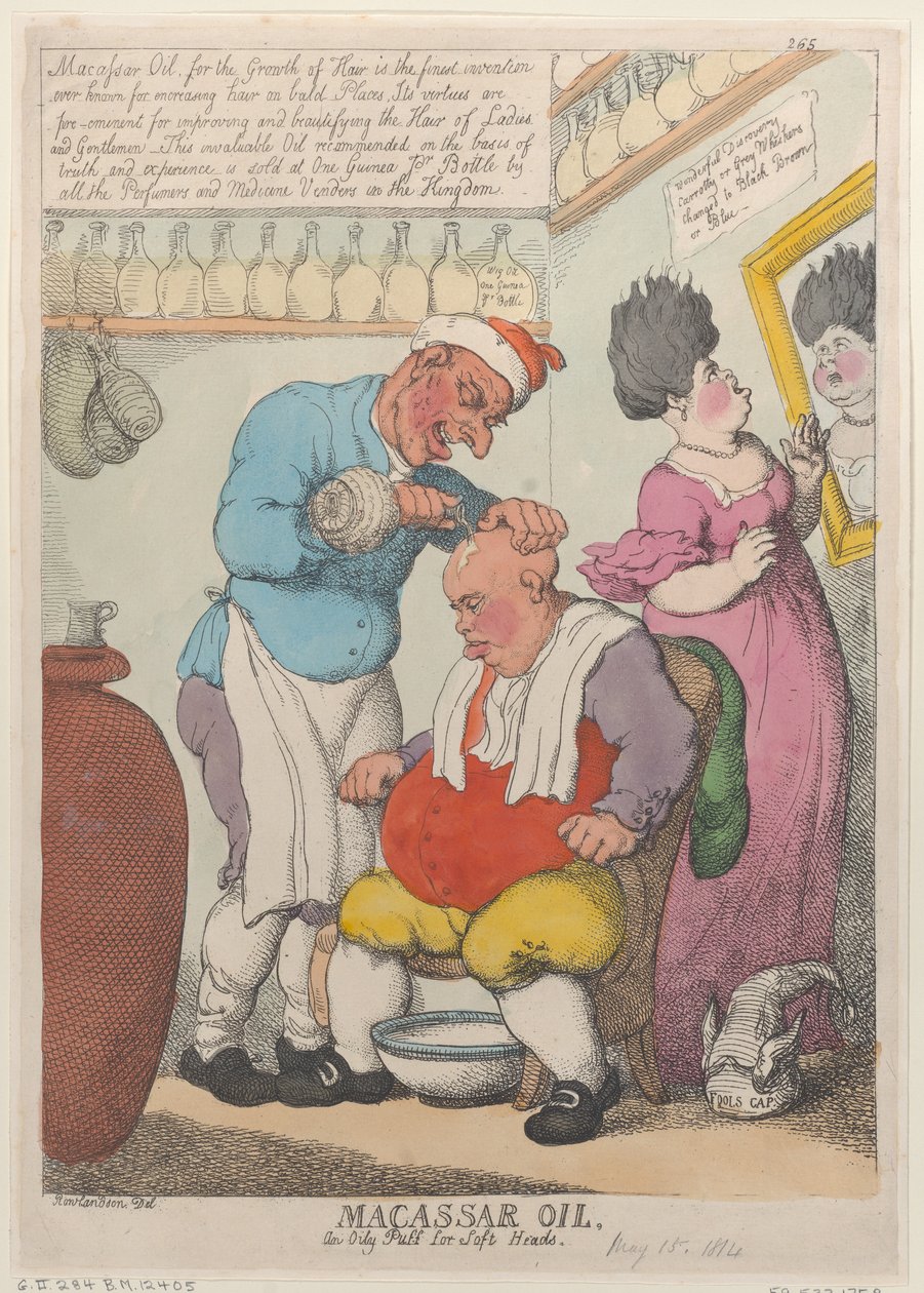 Macassar Oil, Öljyinen suihke pehmeille päille, 15. maaliskuuta 1814, 15. maaliskuuta 1814. tekijältä Thomas Rowlandson
