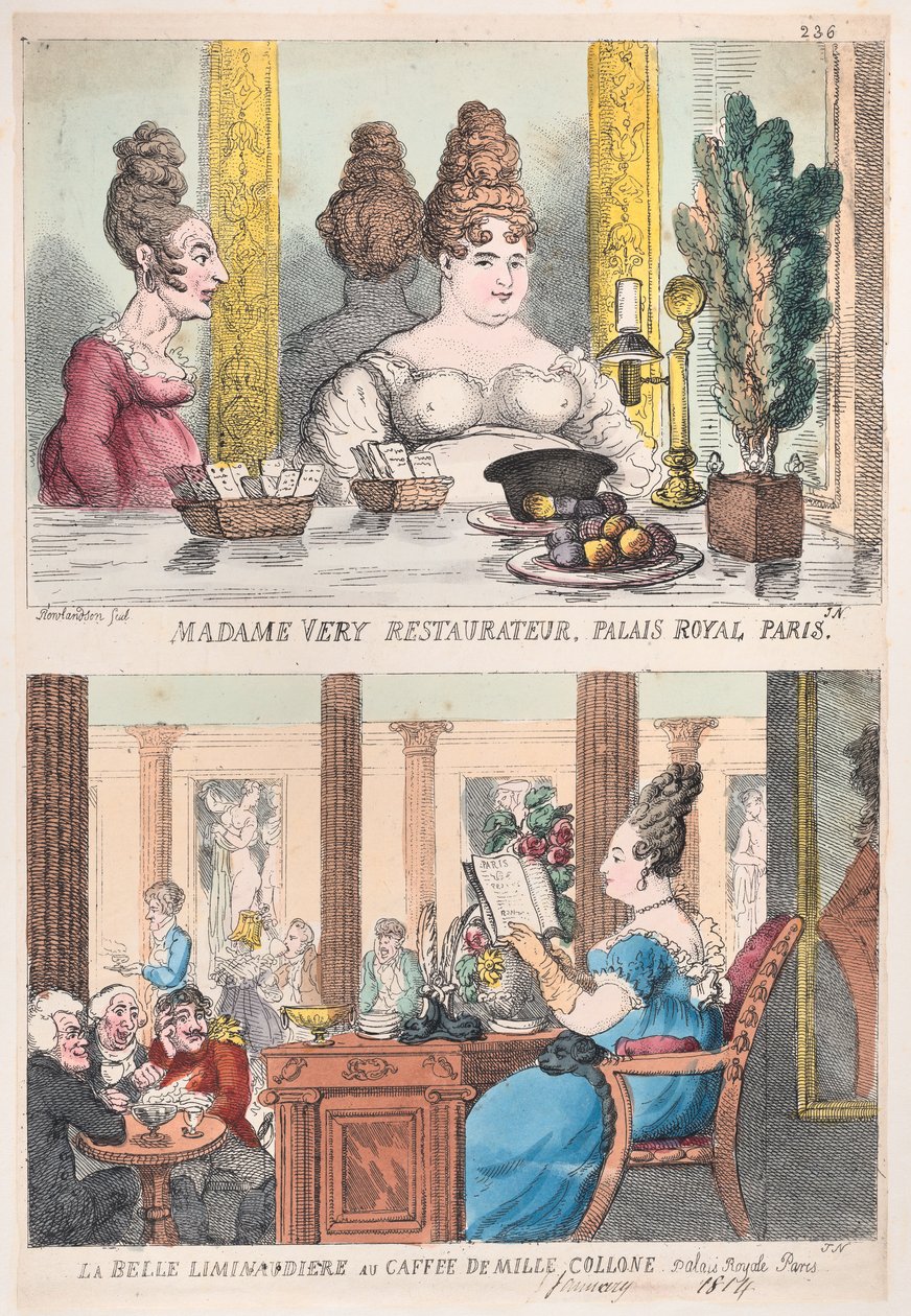 Madame Very Restauranteur, Palais Royal Paris ja La Belle Liminaudiere Caffee De Millessä..., 1814. tekijältä Thomas Rowlandson