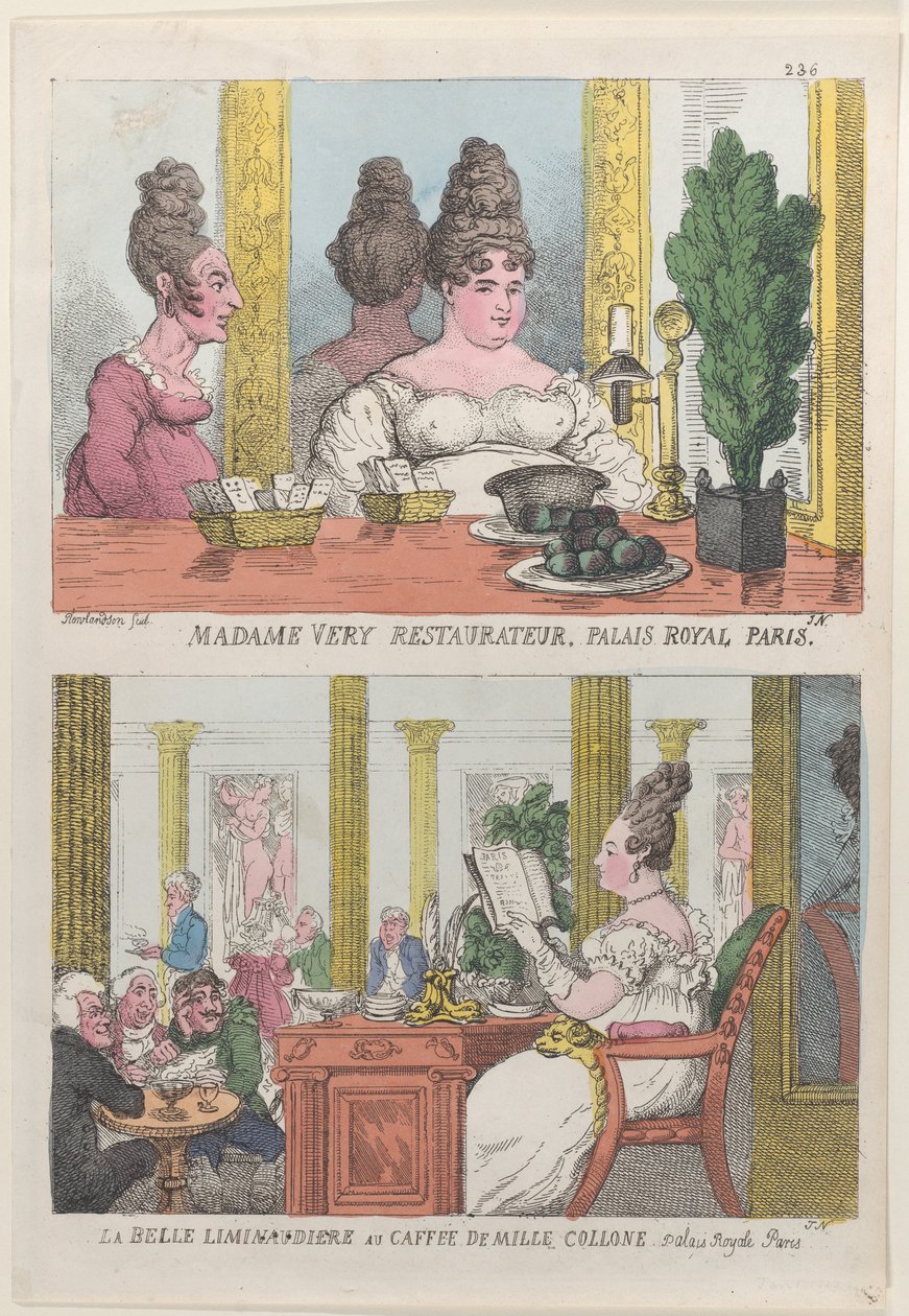 Madame Very Restauranteur, Palais Royal Paris ja La Belle Liminaudiere Caffee De Millessä..., 1814. tekijältä Thomas Rowlandson