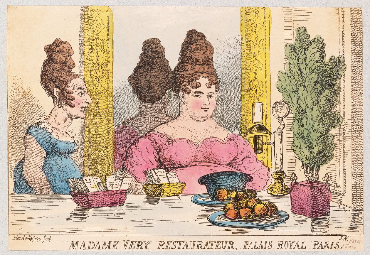 Madame Very, ravintoloitsija, Palais Royal, Pariisi, pub. 1814 (käsin väritetty kaiverrus). tekijältä Thomas Rowlandson