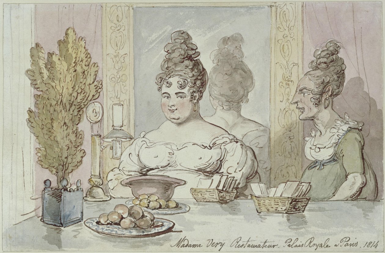 Rouva Véry, ravintoloitsija. Palais Royal, Pariisi tekijältä Thomas Rowlandson
