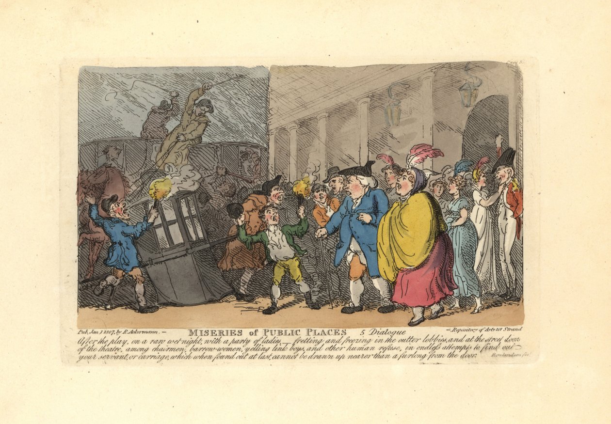 Mies ja naiset etsivät vaunuja joukosta sateessa. tekijältä Thomas Rowlandson