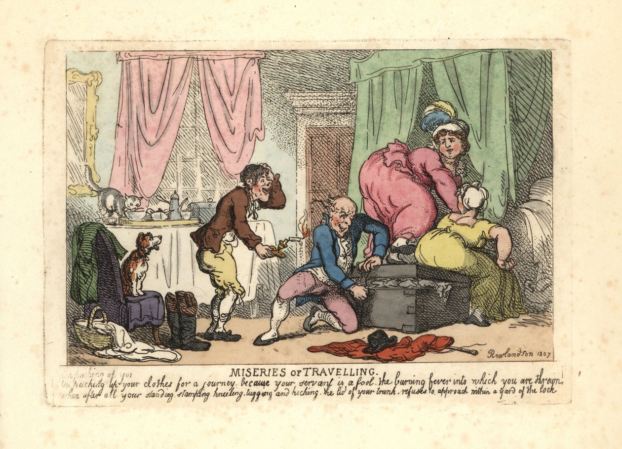 Mies ja kaksi naista eivät pysty sulkemaan pakattua tavaratilaa. tekijältä Thomas Rowlandson