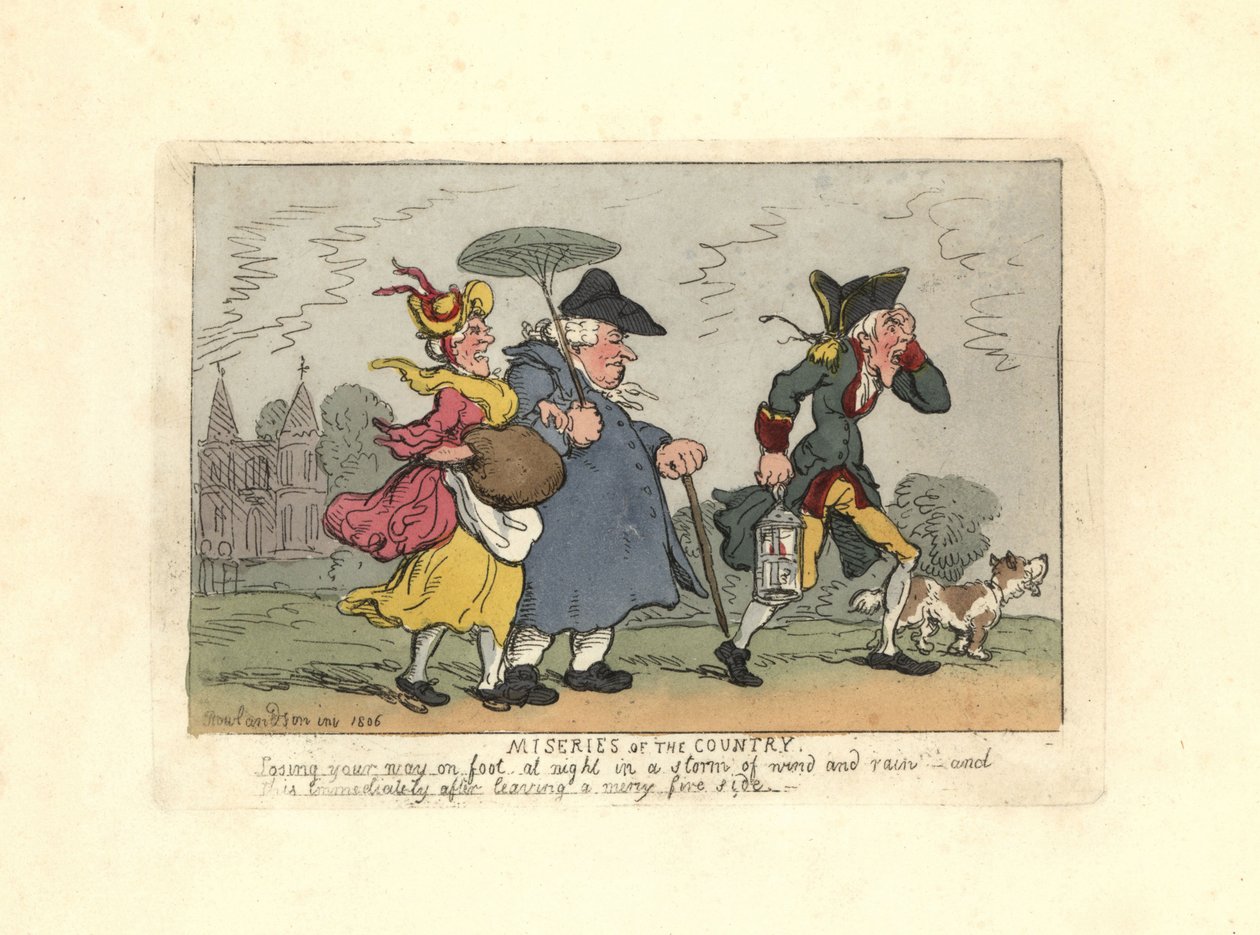 Mies ja nainen eksyivät maaseudulle yömyrskyssä. tekijältä Thomas Rowlandson