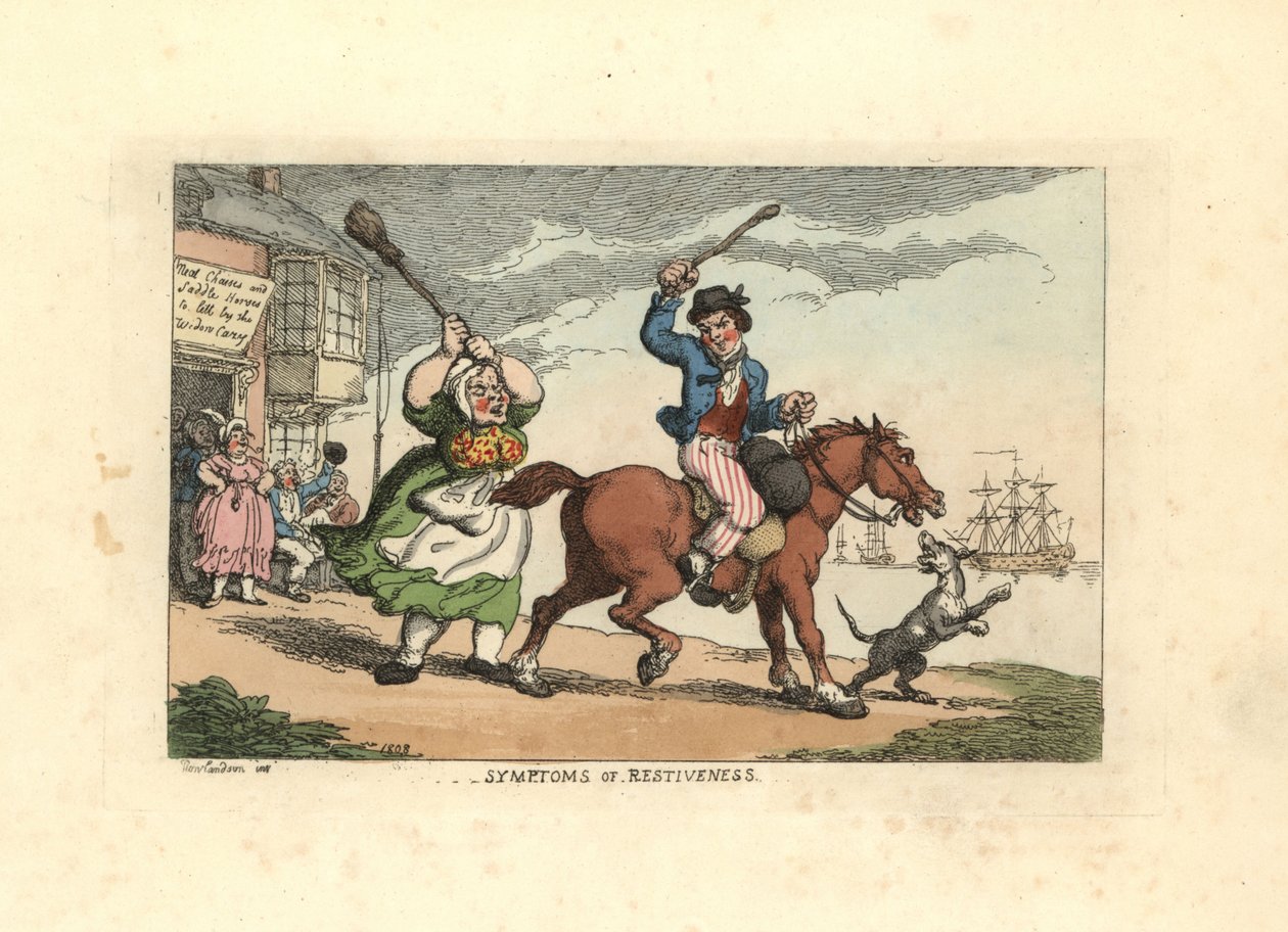 Mies hakkaa itsepäistä hevosta nuijalla, kun taas omistaja Wido tekijältä Thomas Rowlandson