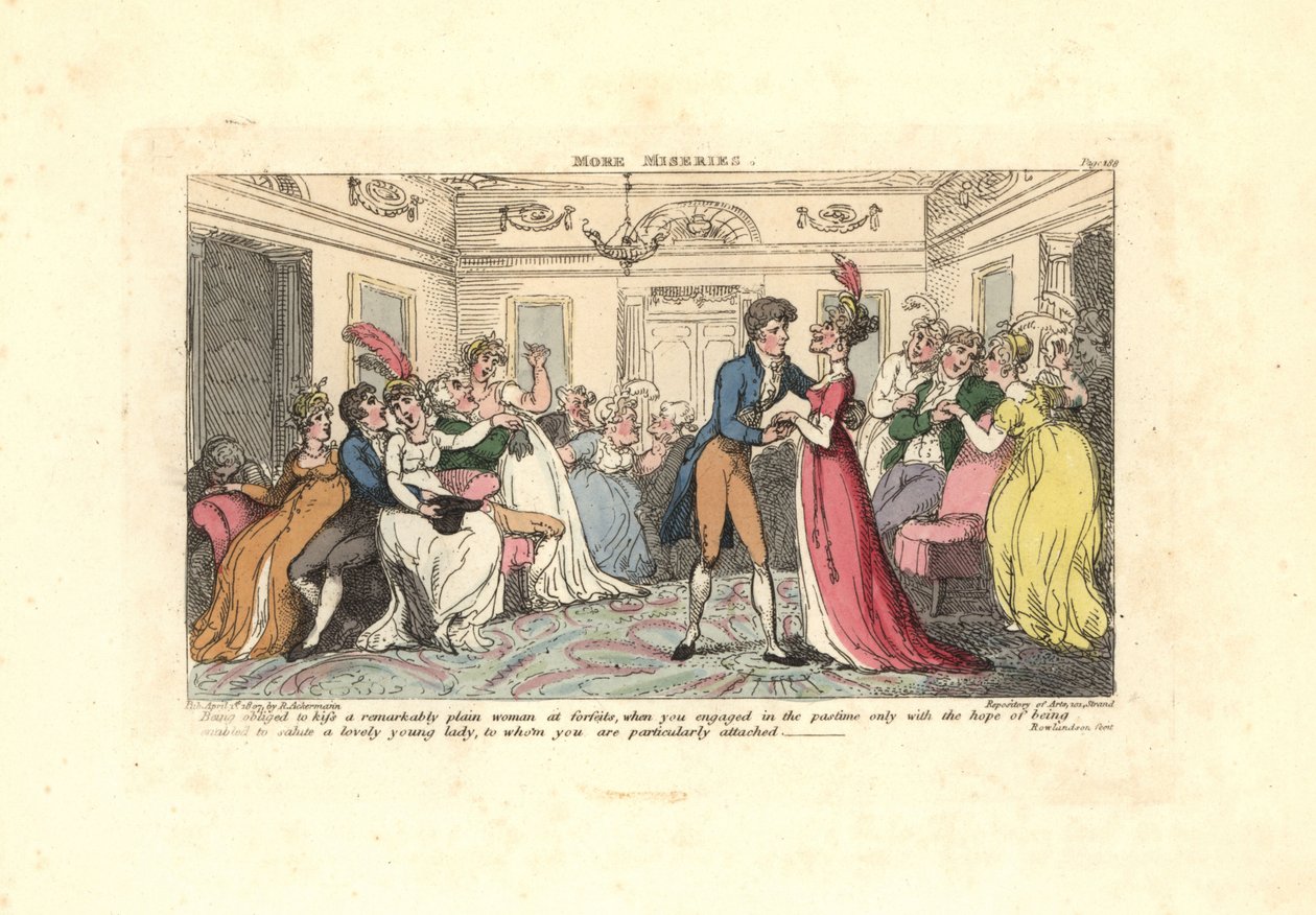 Mies pakotettiin suudella rumaa naista tanssijuhlissa. tekijältä Thomas Rowlandson
