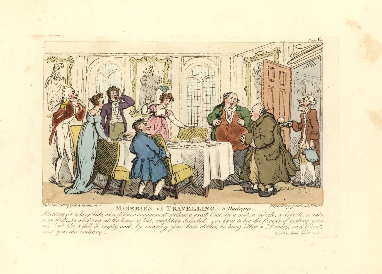 Mies pakotettiin käyttämään isäntänsä huonosti istuvia vaatteita illallisella tekijältä Thomas Rowlandson