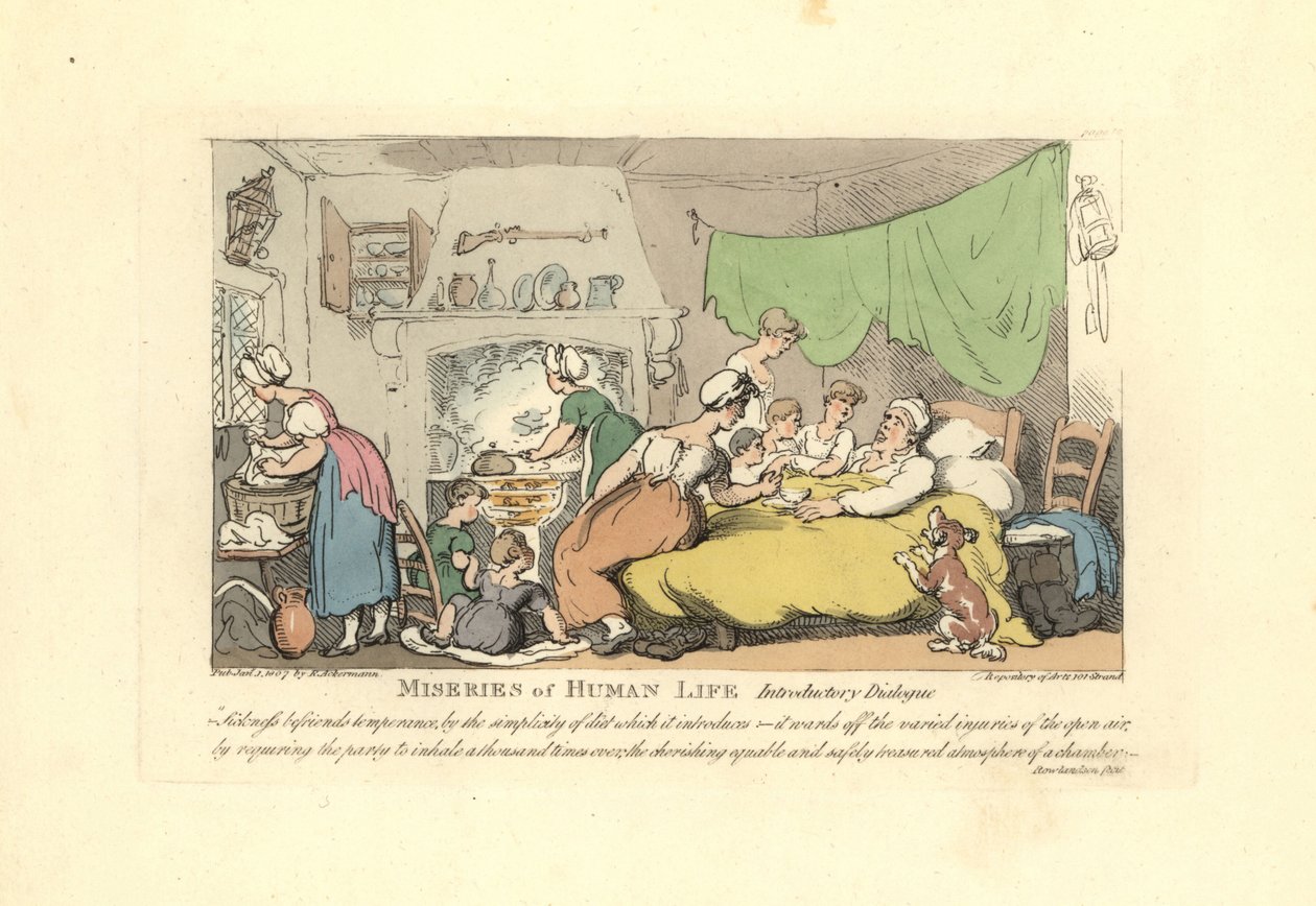 Mies sairasvuoteessa ihailevan vaimon, lasten ja maiden ympäröimänä tekijältä Thomas Rowlandson