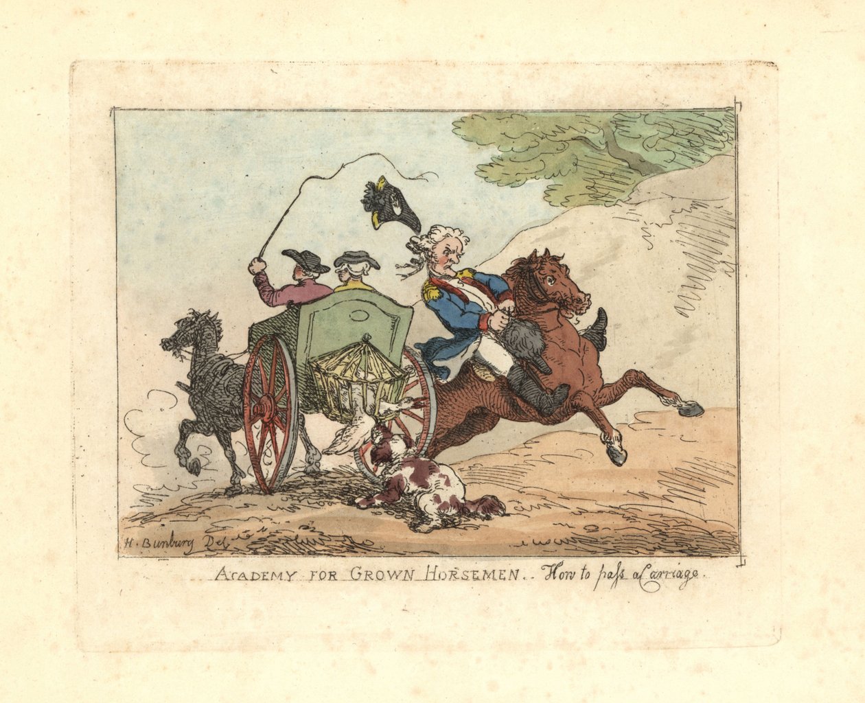 Mies menetti telineensä hallinnan ohittaessaan vaunun. tekijältä Thomas Rowlandson