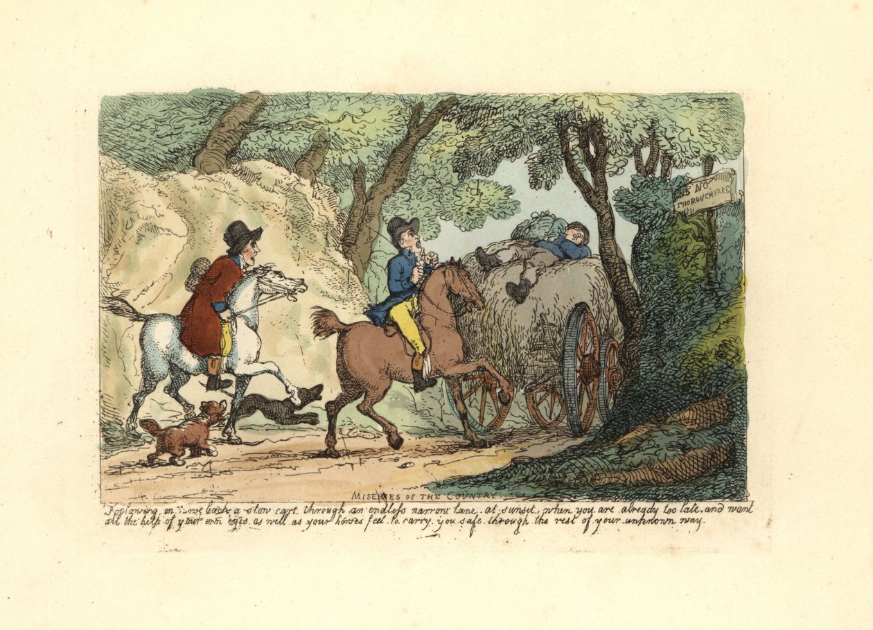 Mies hevosen selässä hitaasti liikkuvien kärryjen takana kapealla kaistalla. tekijältä Thomas Rowlandson