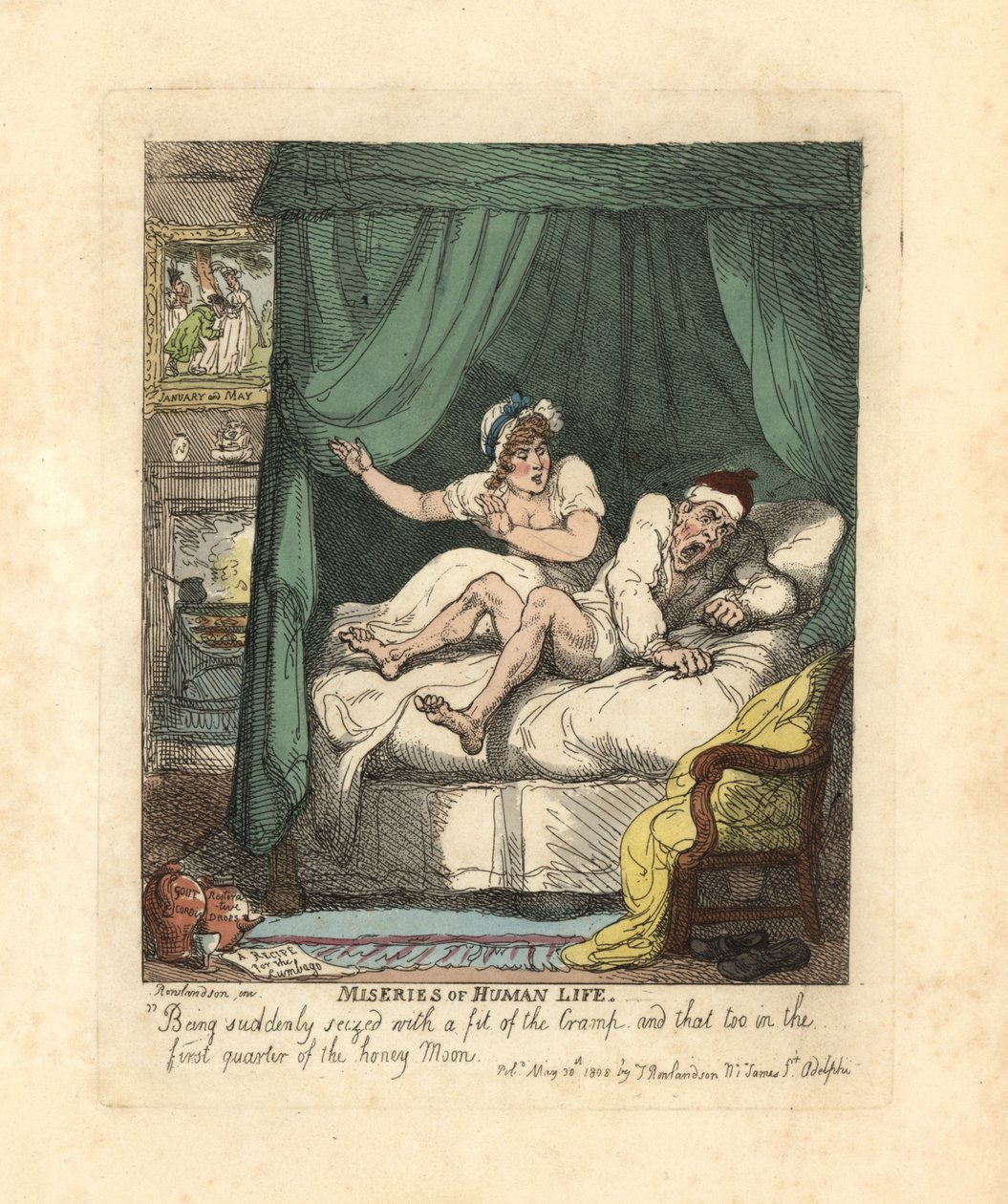 Miestä takavarikoi jalkakrampit häämatkasängyssä. tekijältä Thomas Rowlandson