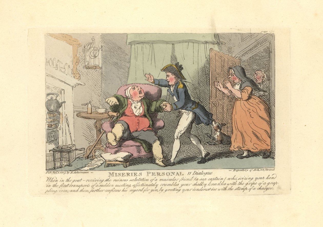Merimies tervehti tuskallisesti kihdistä kärsivää miestä. tekijältä Thomas Rowlandson