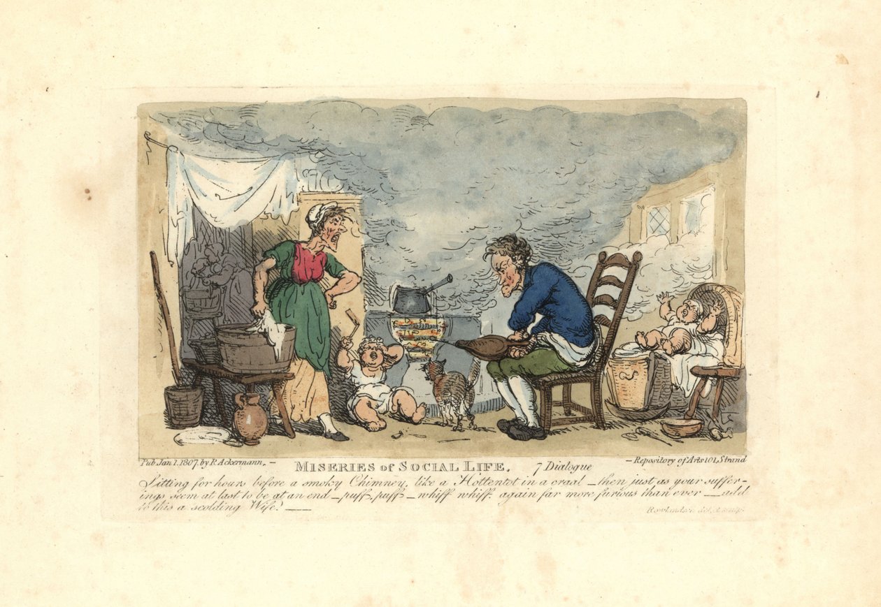 Mies käyttää palkeita tulen edessä savuisessa huoneessa. tekijältä Thomas Rowlandson