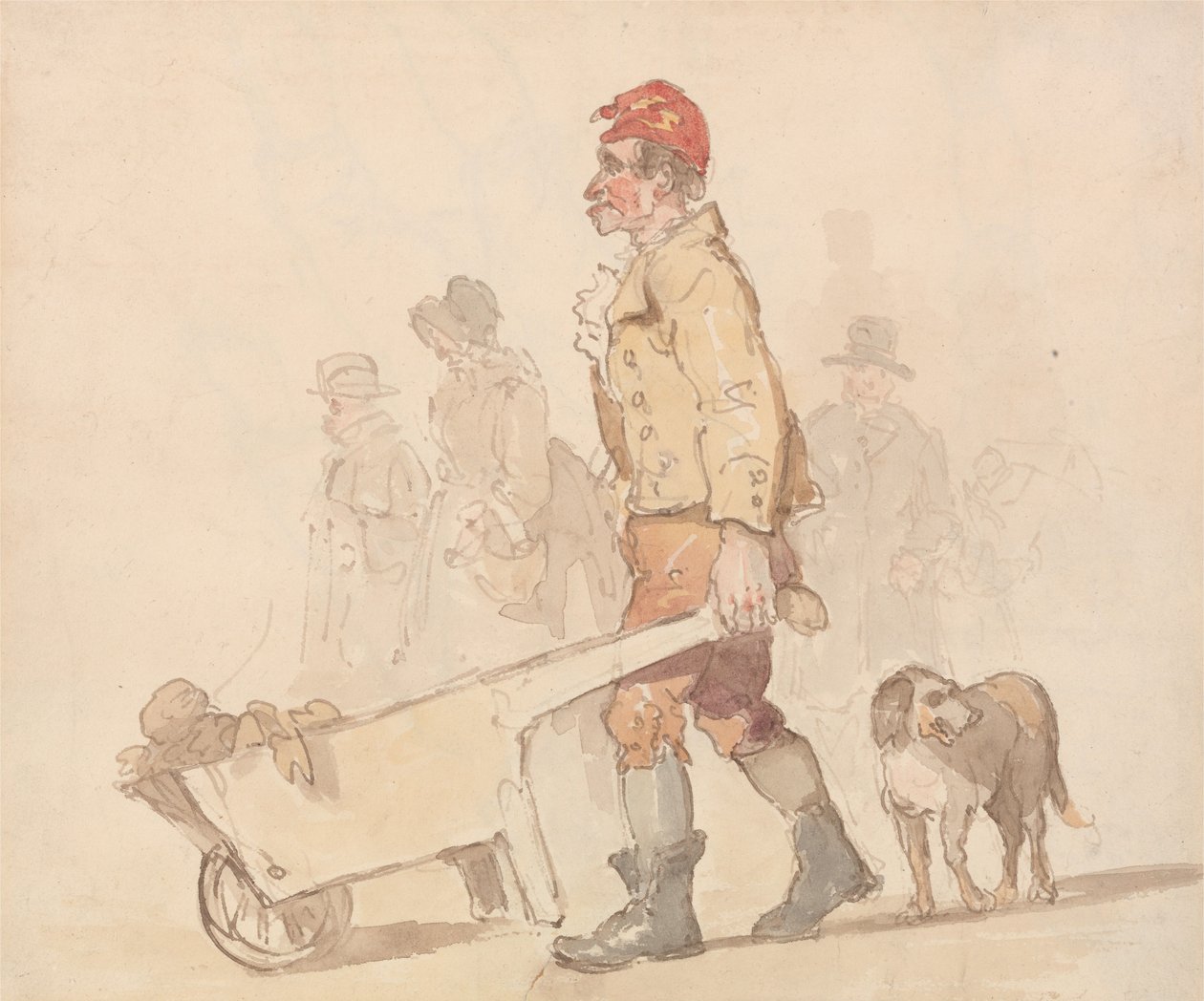 Mies, jolla on kottikärryt ja koira tekijältä Thomas Rowlandson