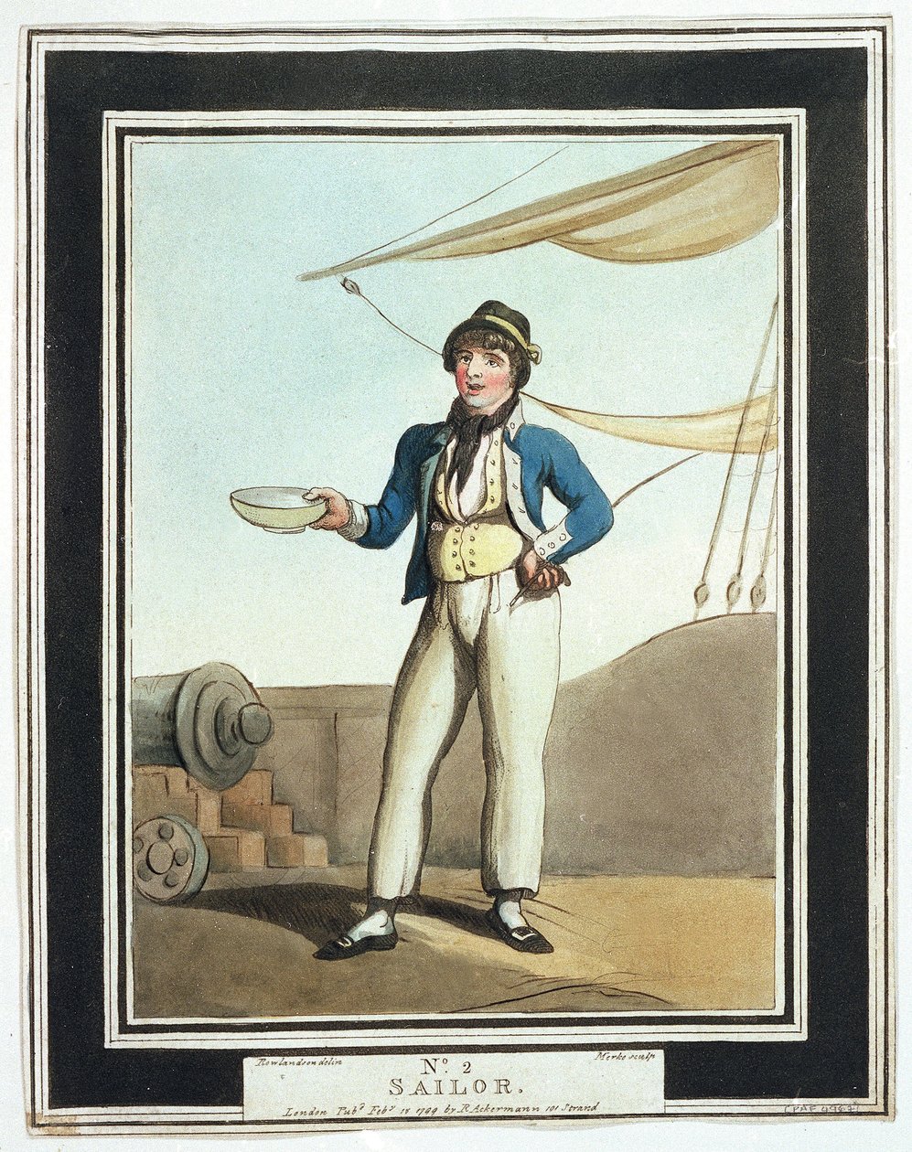 Horatio Nelsonin (1758-1805) aikana merenkulkijat, jotka määrättiin eri tehtäviin kykyjensä mukaan, jotkut työskentelivät mastoissa, jotka oli lastattu siivelle, toiset yläkannella, vastasivat ankkurista, toiset taas olivat osa tykistöjoukkoa. tekijältä Thomas Rowlandson