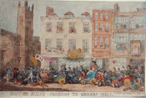 Mestari Billyn kulkue ruokakauppasaliin tekijältä Thomas Rowlandson