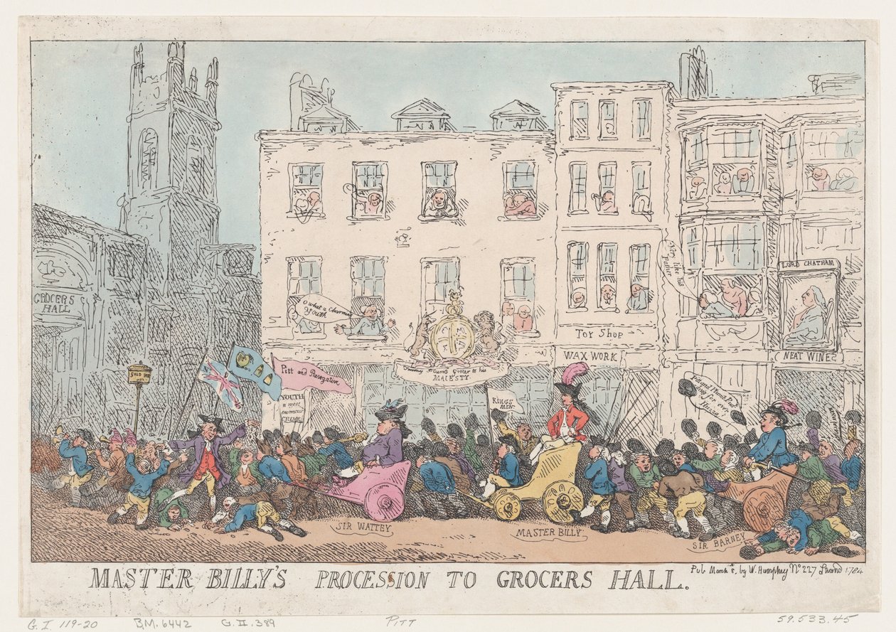 Mestari Billyn kulkue Grocers Halliin, 8. maaliskuuta 1784, 8. maaliskuuta 1784. tekijältä Thomas Rowlandson