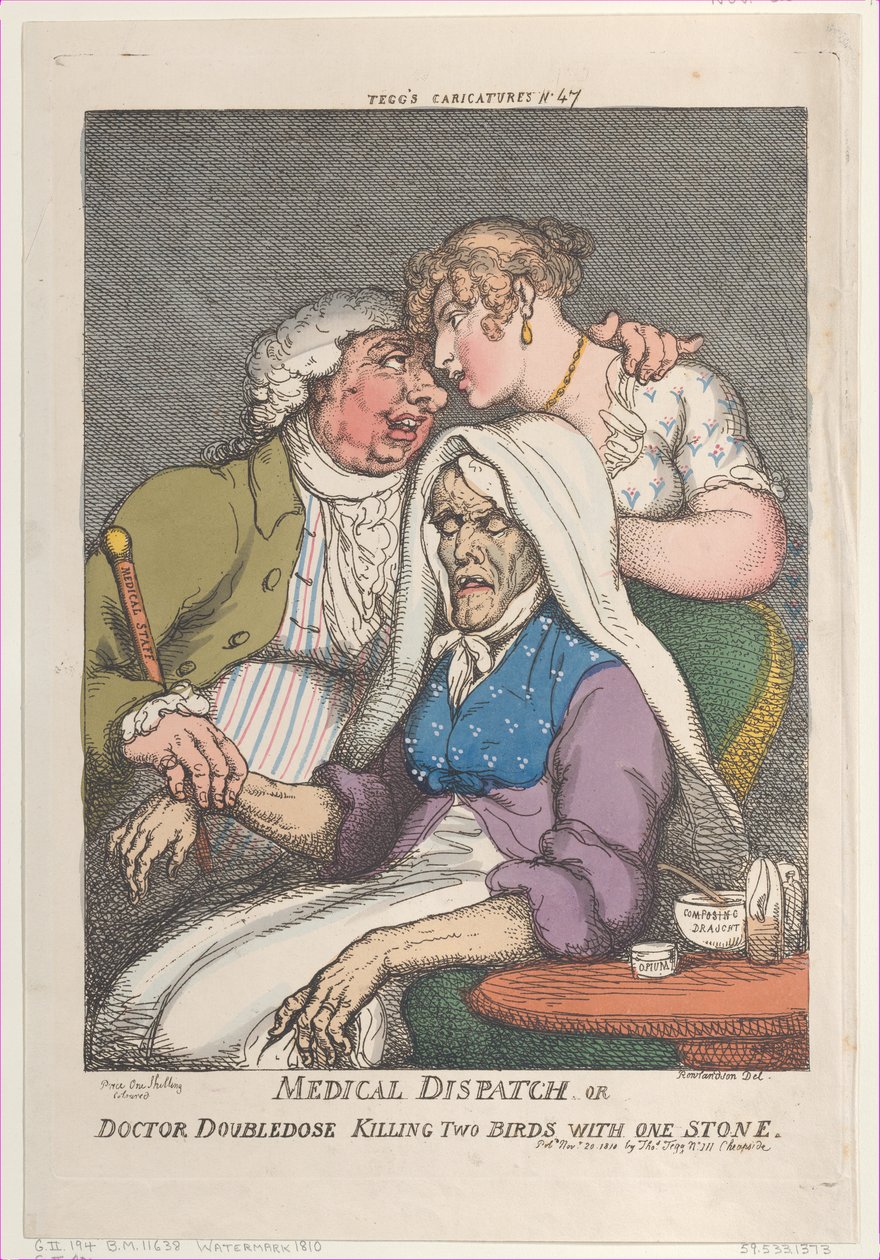 Lääketieteellinen lähetys tai tohtori tuplaannos tappaa kaksi lintua yhdellä kivellä, marraskuu..., 20. marraskuuta 1810. tekijältä Thomas Rowlandson