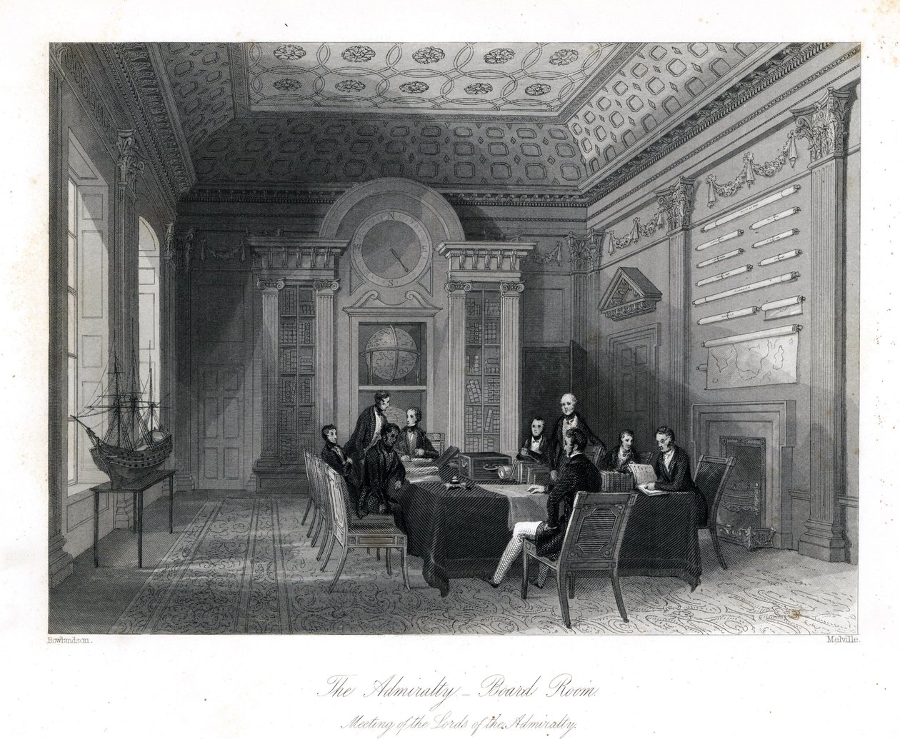 Lords of the Admiralty kokous neuvotteluhuoneessa, Admiralty. Henry Melvillen teräskaiverrus Thomas Rowlandsonin kuvituksen jälkeen julkaisusta London Interiors, Their Costumes and Ceremonies, Joshua Mead, Lontoo tekijältä Thomas Rowlandson