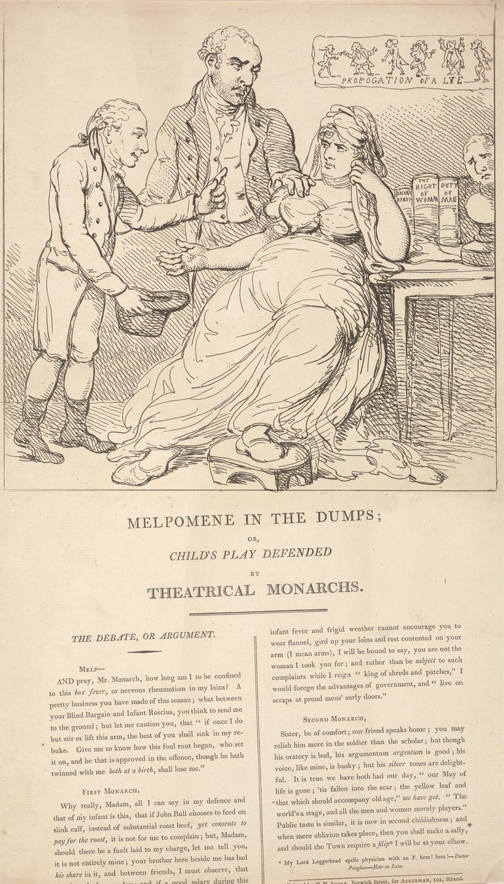 Melpomene masentuneena; eli teatterin hallitsijoiden puolustama lastenleikki tekijältä Thomas Rowlandson