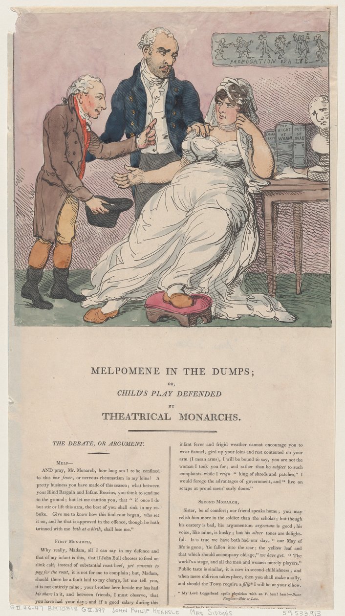 Melpomene kaatopaikoilla eli Teatterihallittajien puolustama lastenleikki, 1804, 1804. tekijältä Thomas Rowlandson