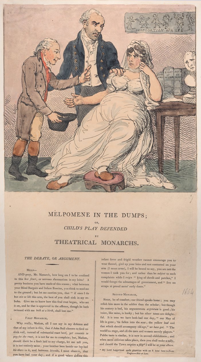 Melpomene kaatopaikoilla eli Teatterihallittajien puolustama lastenleikki, 1804, 1804. tekijältä Thomas Rowlandson