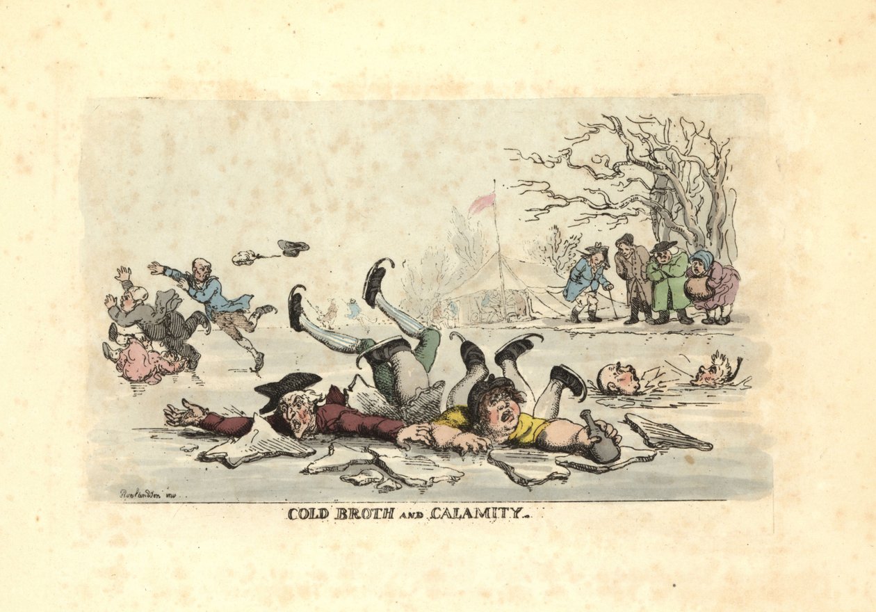 Miehet ja naiset luistelevat ohuella jäällä ja putoavat jäätävään riin tekijältä Thomas Rowlandson
