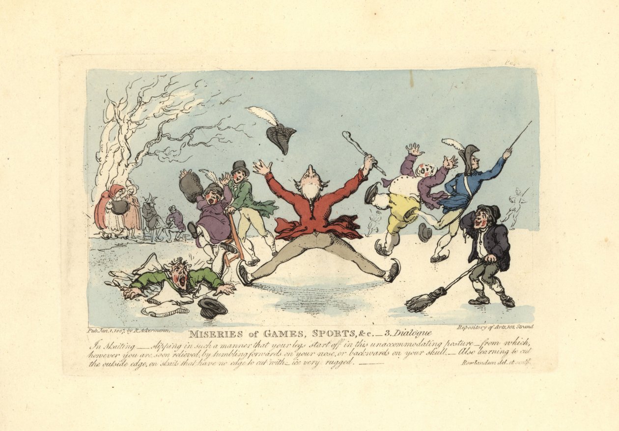 Miehet putoavat luistimilla, toinen putoaa jään läpi jne. tekijältä Thomas Rowlandson