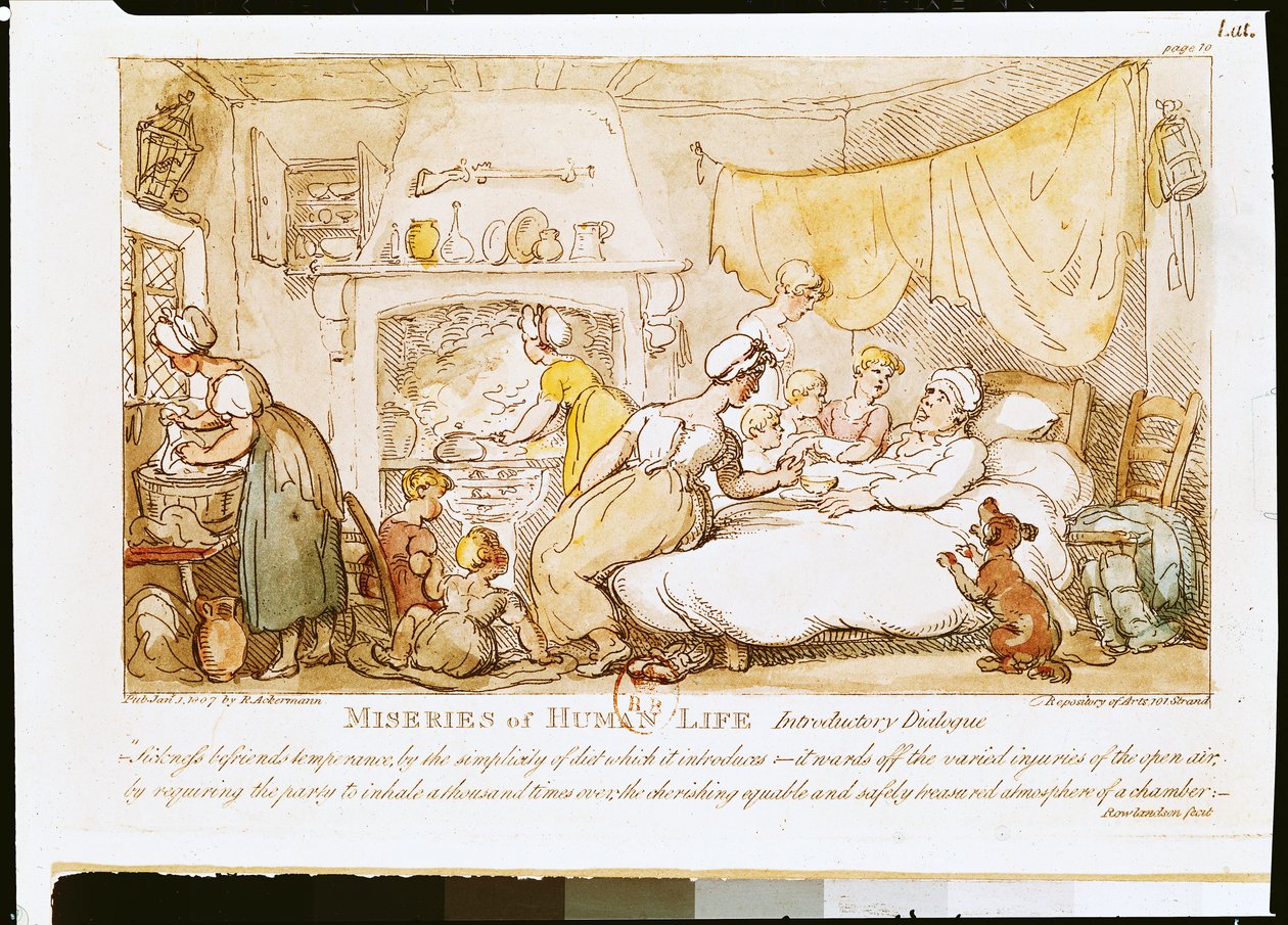 Ihmiselämän kurjuutta: Johdanto Dialogue, julkaisija R. Ackermann, 1807 tekijältä Thomas Rowlandson