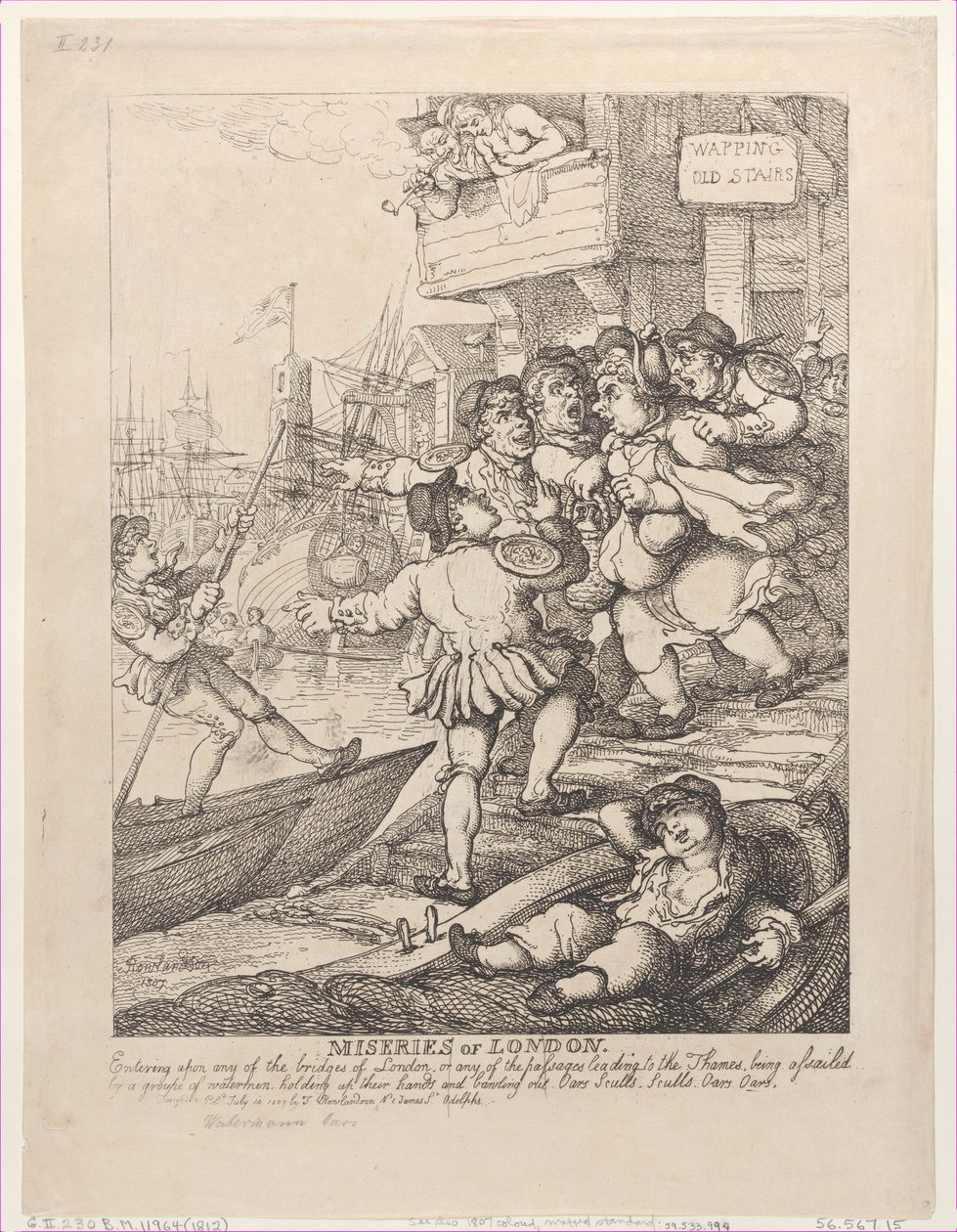 Lontoon kurjuus: astuminen jollekin Lontoon sillalle tai jollekin solalle..., 14. heinäkuuta 1807. tekijältä Thomas Rowlandson