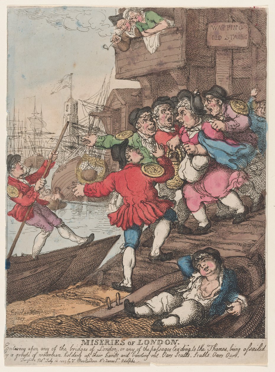 Lontoon kurjuus: astuminen jollekin Lontoon sillalle tai jollekin solalle..., 14. heinäkuuta 1807. tekijältä Thomas Rowlandson
