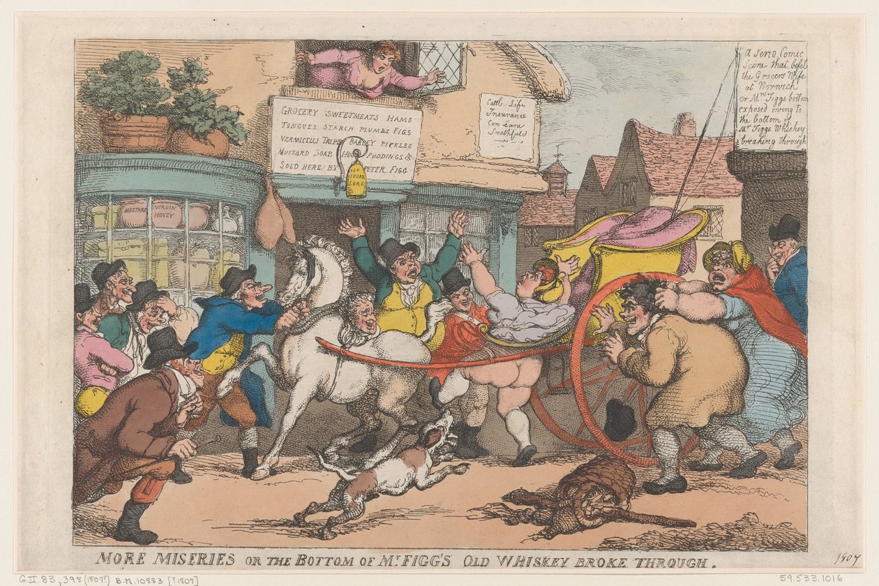 Lisää kurjuutta: Mr Figgin vanhan viskin pohja murtui, 1807, 1807. tekijältä Thomas Rowlandson