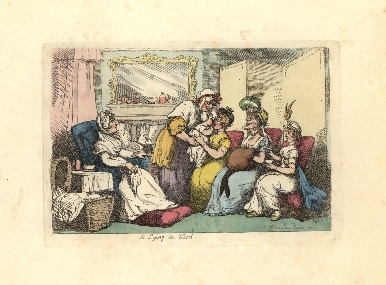 Äiti ja vastasyntynyt vauva, jonka luona useat naiset vierailevat salissa. tekijältä Thomas Rowlandson