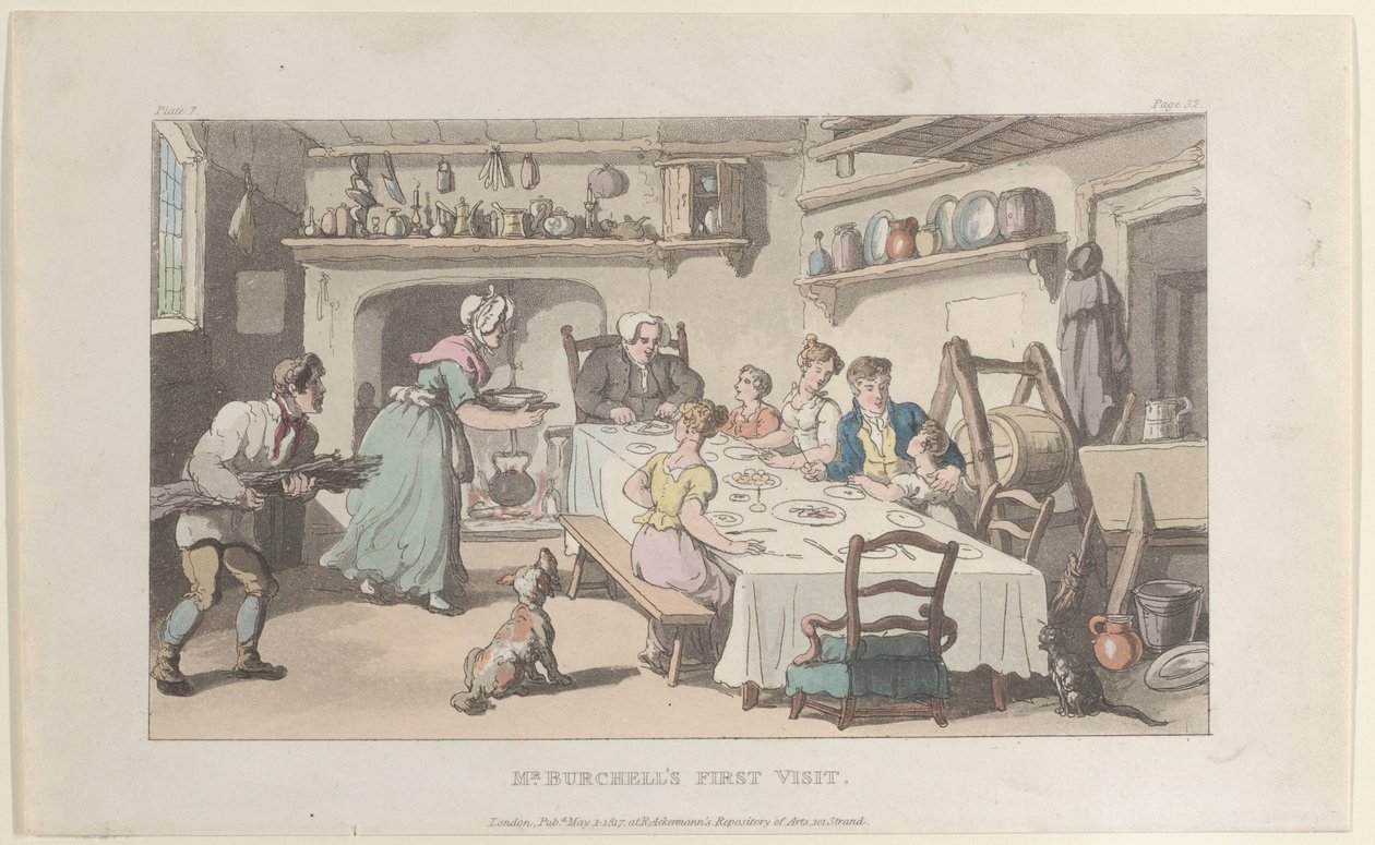 Mr. Burchellin ensimmäinen vierailu Wakefieldin kirkkoherrasta, 1. toukokuuta 1817, 1. toukokuuta 1817. tekijältä Thomas Rowlandson