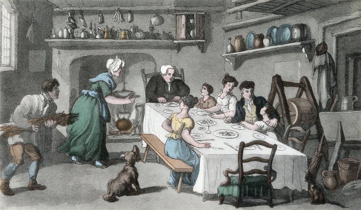 Mr. Burchellin ensimmäinen vierailu, kuvitus Oliver Goldsmithin teoksesta "The Vicar of Wakefield", pubi. Ackermann, 1817 (käsinvärinen akvatinta) tekijältä Thomas Rowlandson