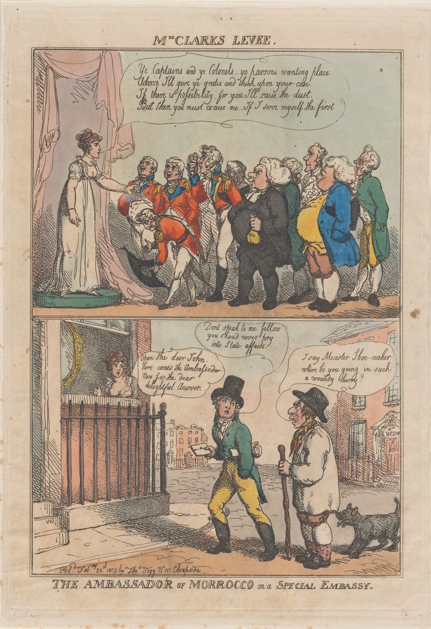 Rouva Clarkin Levee. Marokon suurlähettiläs erityislähetystössä 20. helmikuuta 1809. tekijältä Thomas Rowlandson
