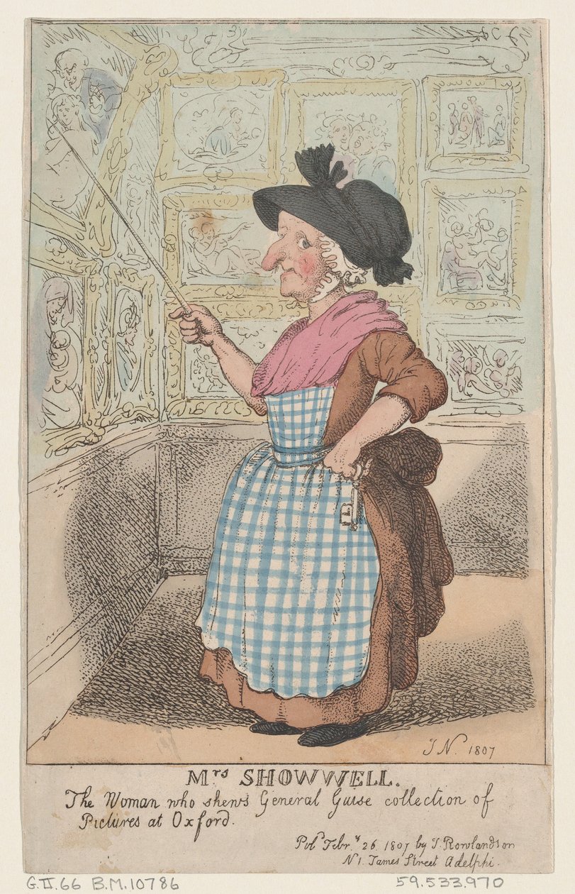 Rouva Showell, nainen, joka näyttää kenraali Guisen kuvakokoelman O...:ssa 26. helmikuuta 1807. tekijältä Thomas Rowlandson