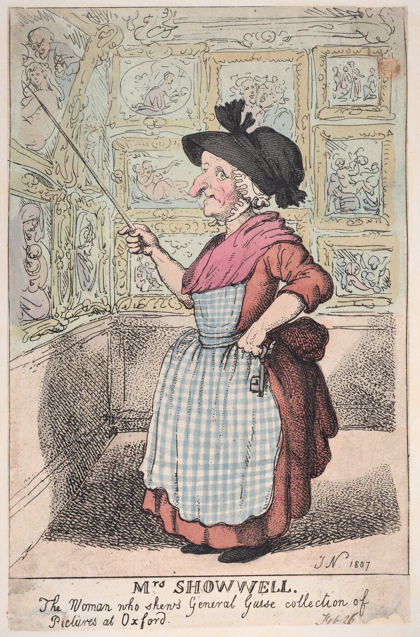 Rouva Showell, nainen, joka näyttää kenraali Guisen kuvakokoelman O...:ssa 26. helmikuuta 1807. tekijältä Thomas Rowlandson